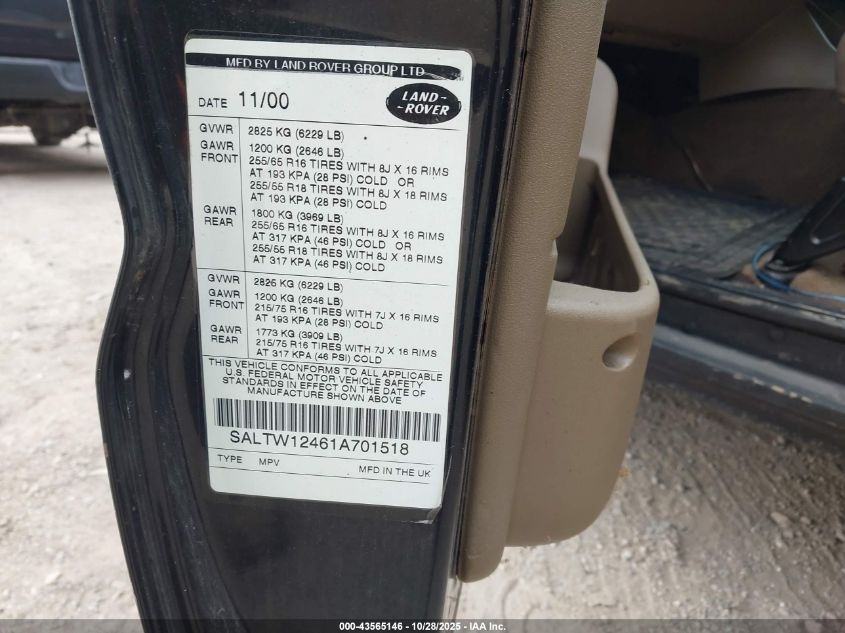 2001 Land Rover Discovery Series Ii VIN: SALTW12461A701518 Lot: 43565146