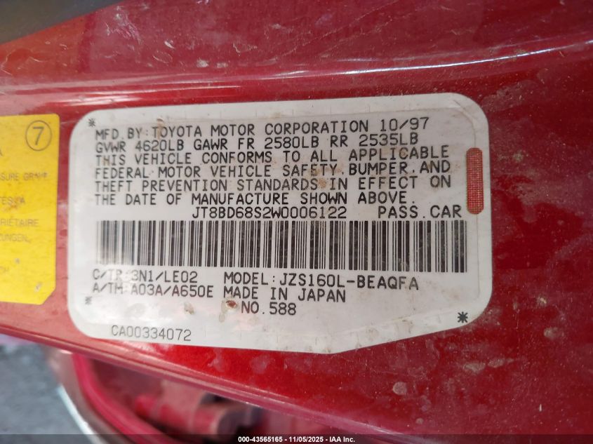 1998 Lexus Gs 300 VIN: JT8BD68S2W0006122 Lot: 43565165