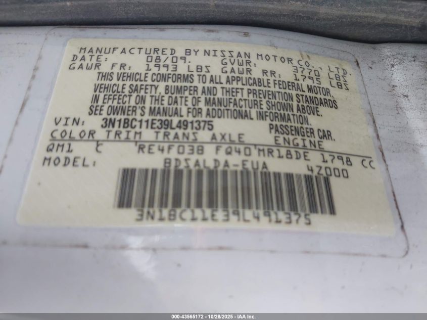 2009 Nissan Versa 1.8S VIN: 3N1BC11E39L491375 Lot: 43565172