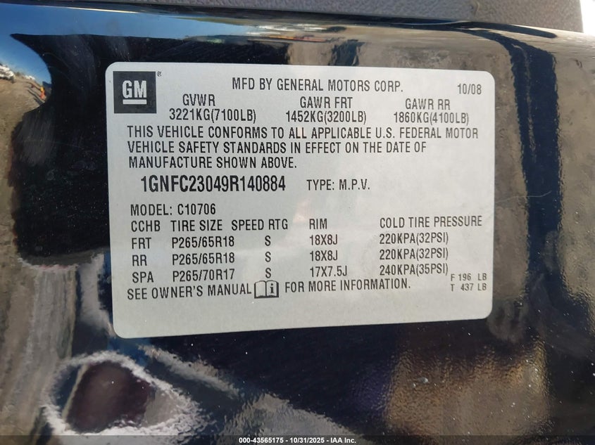 2009 Chevrolet Tahoe Lt2 VIN: 1GNFC23049R140884 Lot: 43565175