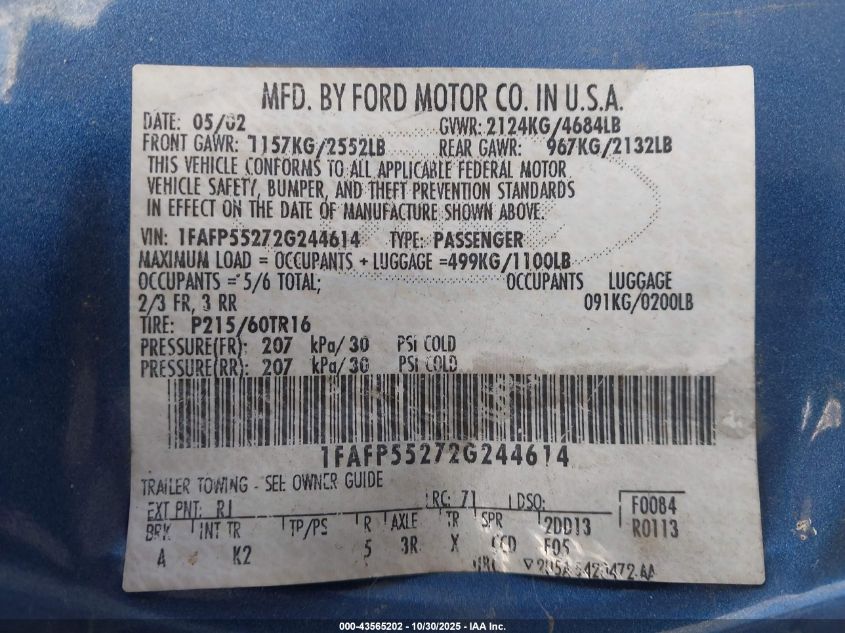 2002 Ford Taurus Ses VIN: 1FAFP55272G244614 Lot: 43565202