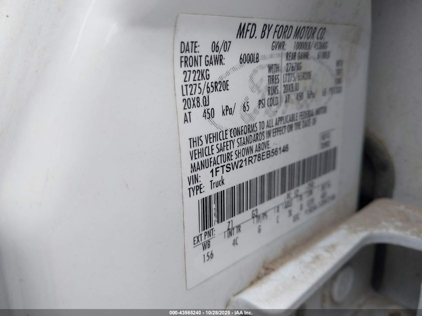 2008 Ford F-250 Fx4/Harley-Davidson/King Ranch/Lariat/Xl/Xlt VIN: 1FTSW21R78EB56146 Lot: 43565240
