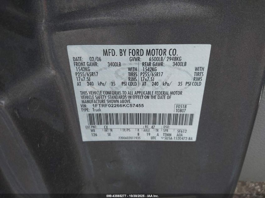 2006 Ford F-150 Stx/Xlt VIN: 1FTRF02266KC57455 Lot: 43565277