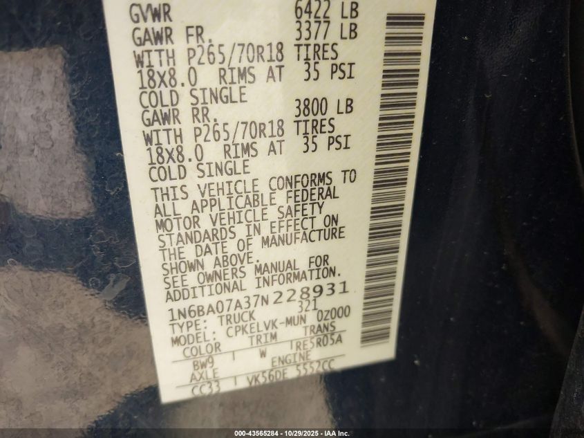2007 Nissan Titan Le VIN: 1N6BA07A37N228931 Lot: 43565284