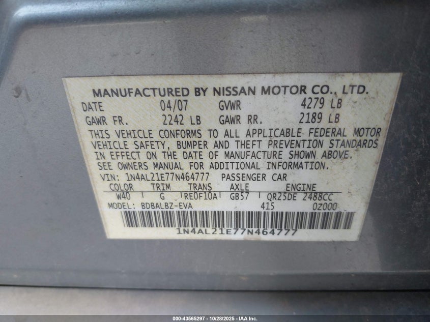 1N4AL21E77N464777 2007 NISSAN ALTIMA photo no. 9