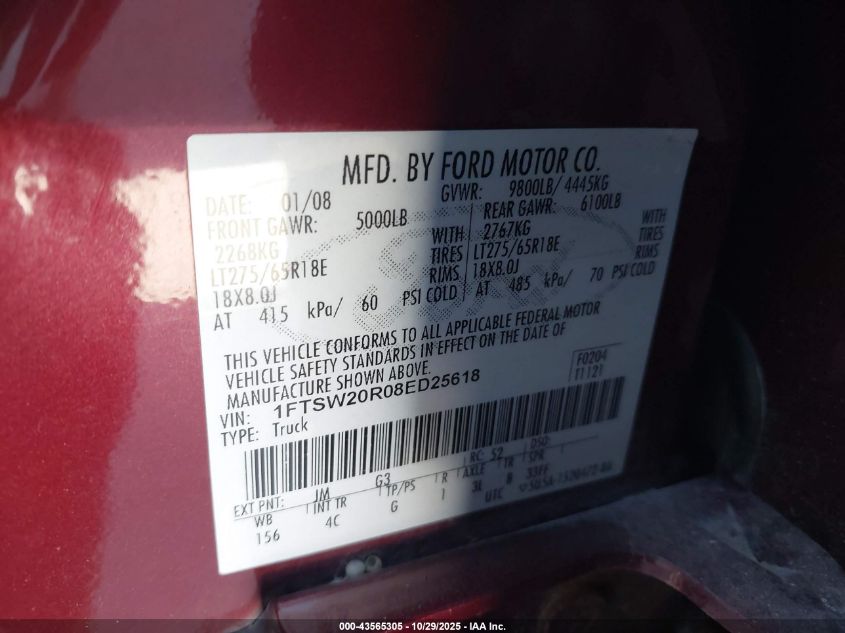 2008 Ford F-250 Lariat VIN: 1FTSW20R08ED25618 Lot: 43565305