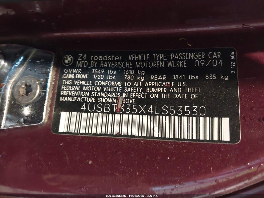 4USBT335X4LS53530 2004 BMW Z4 photo no. 9
