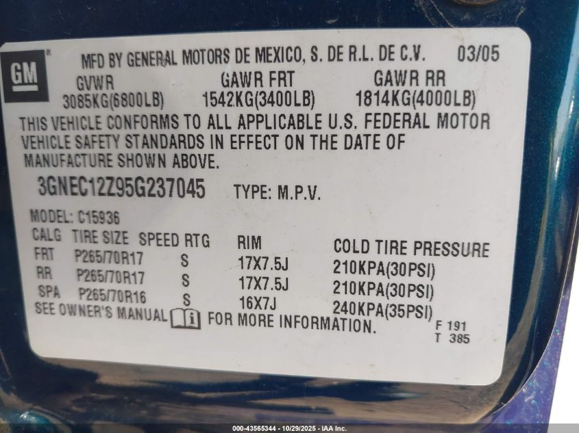 2005 Chevrolet Avalanche 1500 Z66 VIN: 3GNEC12Z95G237045 Lot: 43565344