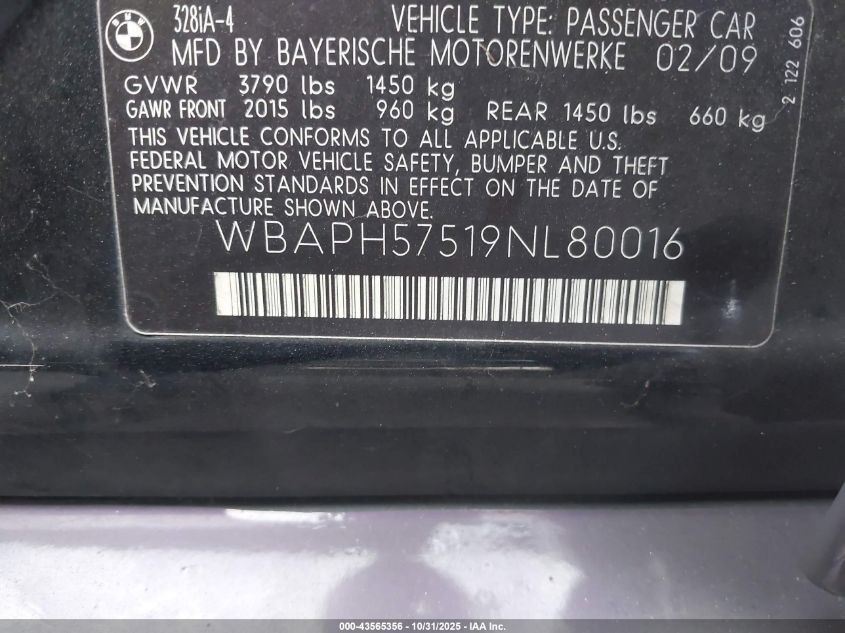 2009 BMW 328I VIN: WBAPH57519NL80016 Lot: 43565356