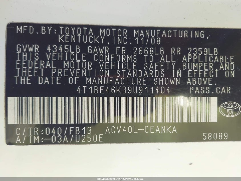 4T1BE46K39U911404 2009 TOYOTA CAMRY photo no. 9