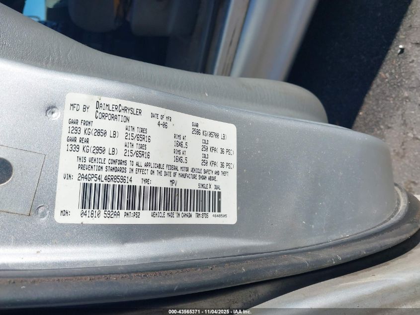 2006 Chrysler Town & Country Touring VIN: 2A4GP54L46R859614 Lot: 43565371