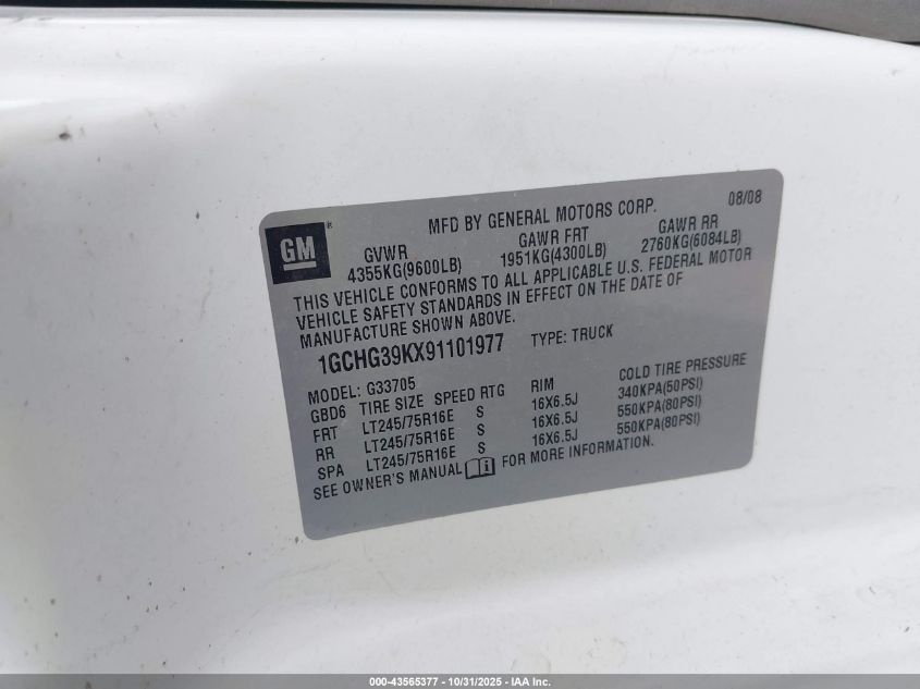 2009 Chevrolet Express 3500 Work Van VIN: 1GCHG39KX91101977 Lot: 43565377