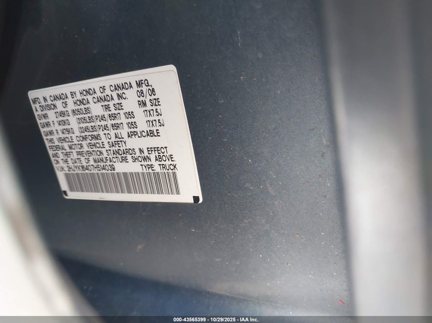 2007 Honda Ridgeline Rts VIN: 2HJYK16407H514039 Lot: 43565399