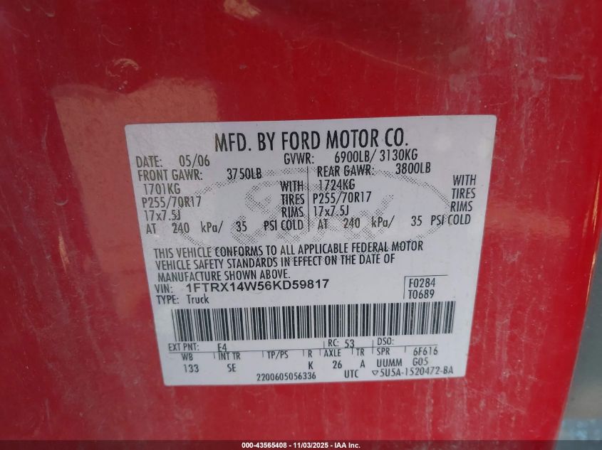 2006 Ford F-150 Stx/Xl/Xlt VIN: 1FTRX14W56KD59817 Lot: 43565408