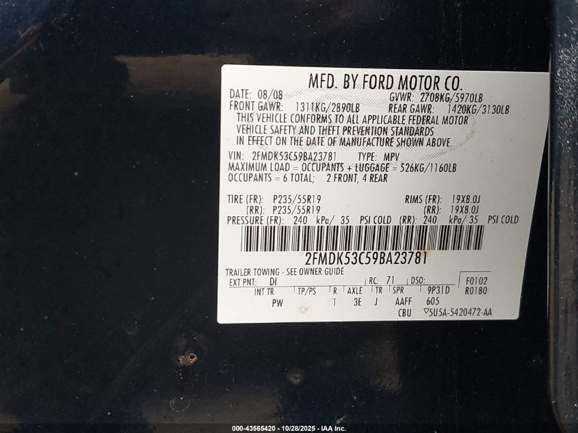 2009 Ford Flex Limited VIN: 2FMDK53C59BA23781 Lot: 43565420