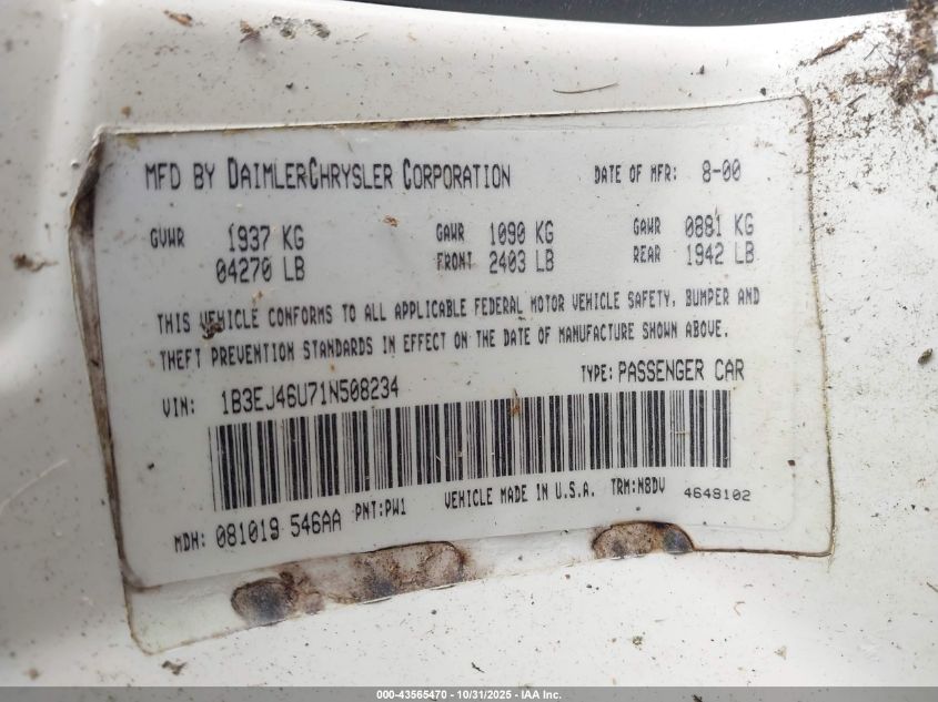 2001 Dodge Stratus Se VIN: 1B3EJ46U71N508234 Lot: 43565470