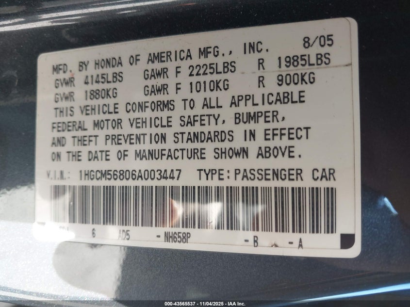 1HGCM56806A003447 2006 HONDA ACCORD photo no. 9