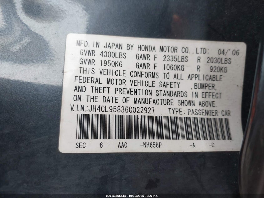 2006 Acura Tsx VIN: JH4CL95836C022927 Lot: 43565544