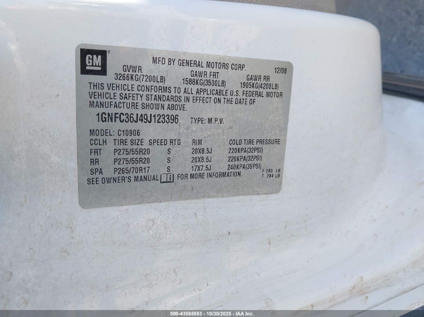 2009 Chevrolet Suburban 1500 Ltz VIN: 1GNFC36J49J123396 Lot: 43565553
