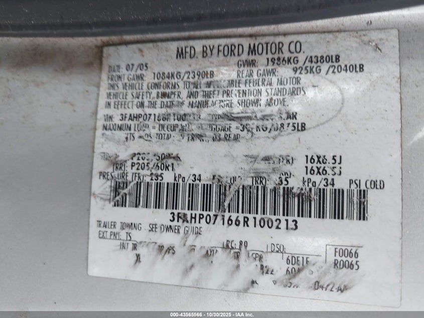 2006 Ford Fusion Se VIN: 3FAHP07166R100213 Lot: 43565566