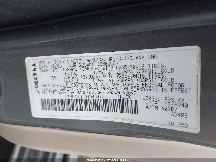 2004 Toyota Tundra Limited V8 VIN: 5TBET38154S434731 Lot: 43565618