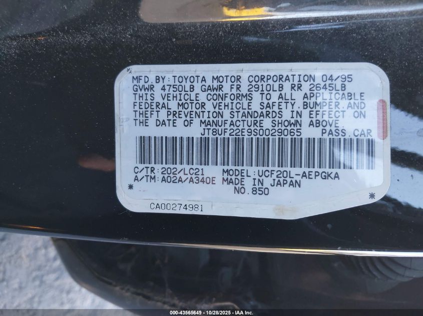 1995 Lexus Ls 400 VIN: JT8UF22E9S0029065 Lot: 43565649