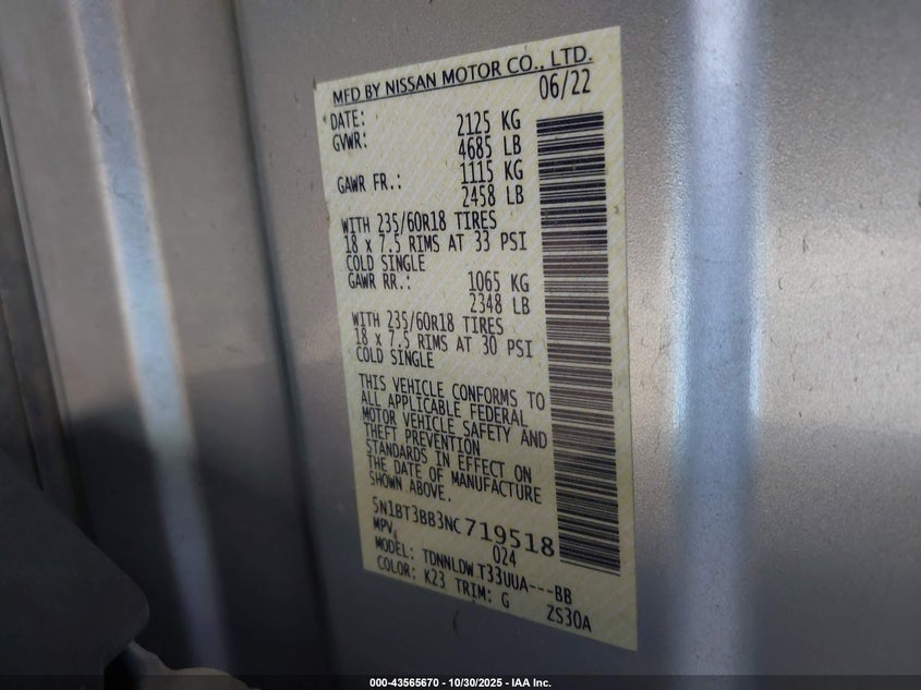 2022 Nissan Rogue Sv Intelligent Awd VIN: 5N1BT3BB3NC719518 Lot: 43565670