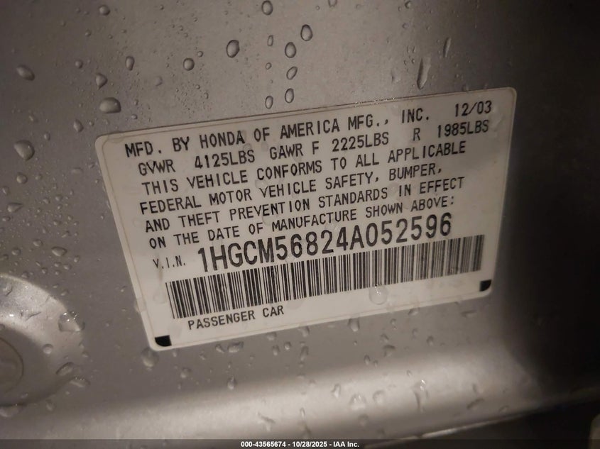 1HGCM56824A052596 2004 HONDA ACCORD photo no. 9