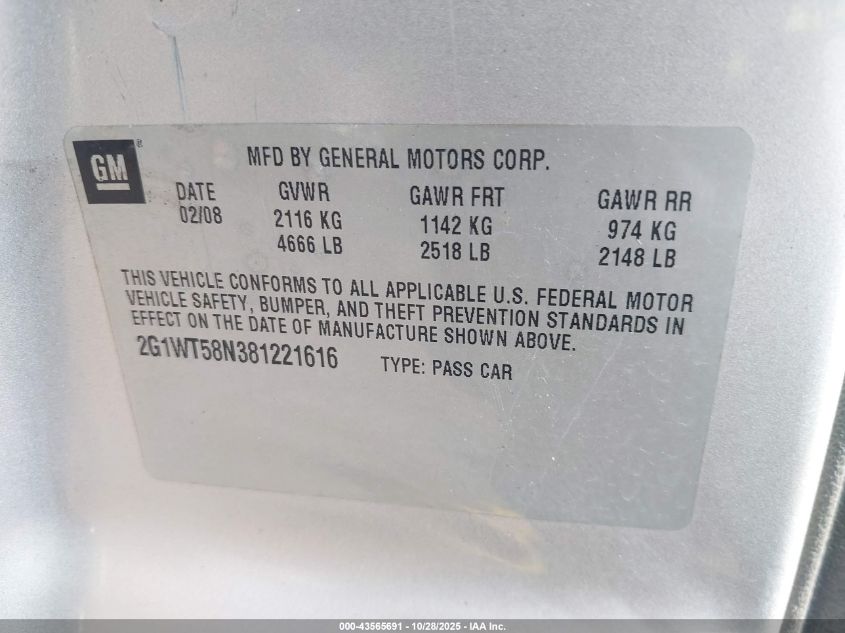 2008 Chevrolet Impala Lt VIN: 2G1WT58N381221616 Lot: 43565691