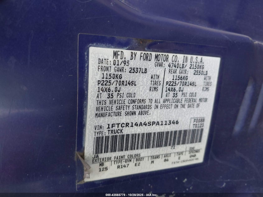 1995 Ford Ranger Super Cab VIN: 1FTCR14A4SPA11346 Lot: 43565778