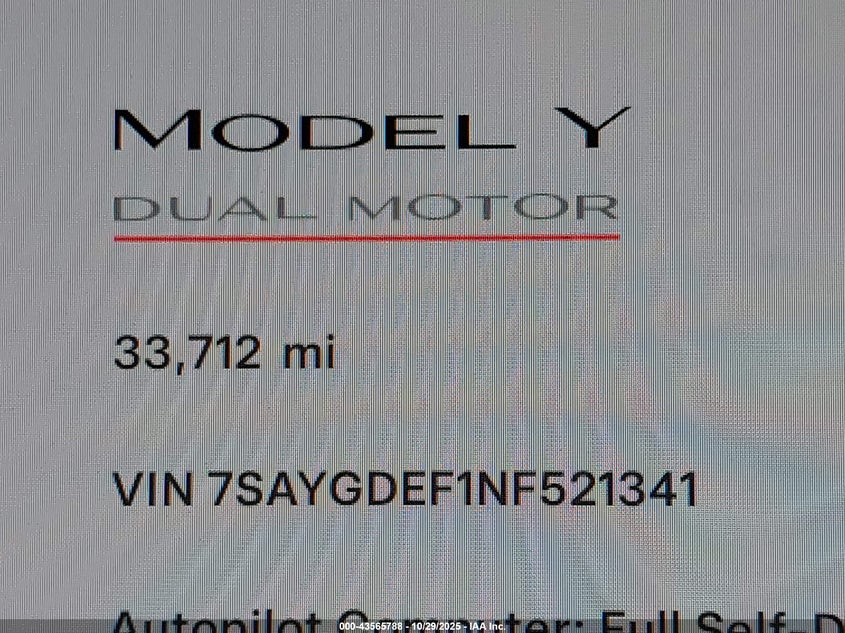 2022 Tesla Model Y Performance Dual Motor All-Wheel Drive VIN: 7SAYGDEF1NF521341 Lot: 43565788