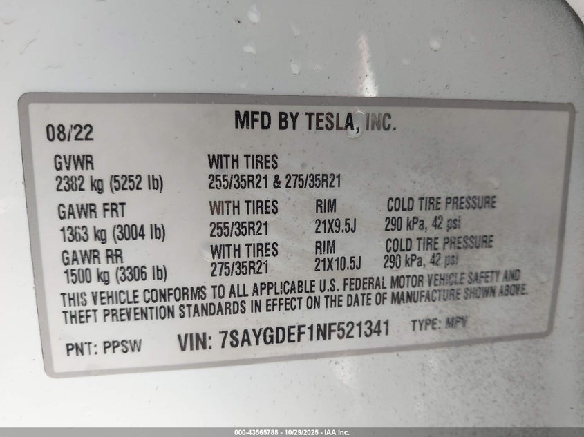2022 Tesla Model Y Performance Dual Motor All-Wheel Drive VIN: 7SAYGDEF1NF521341 Lot: 43565788