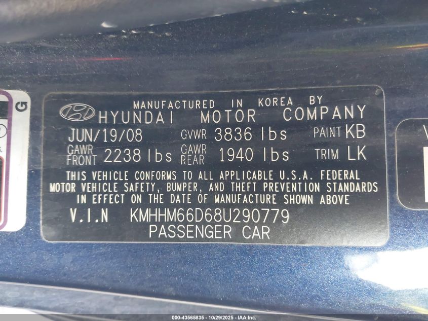 2008 Hyundai Tiburon Gs VIN: KMHHM66D68U290779 Lot: 43565835