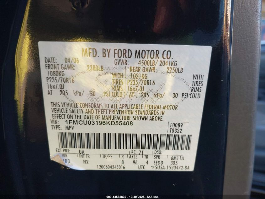 2006 Ford Escape Xlt/Xlt Sport VIN: 1FMCU03196KD55408 Lot: 43565839