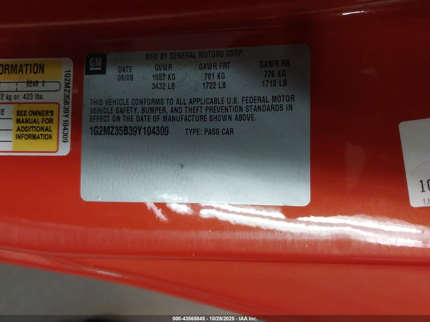 2009 Pontiac Solstice Street Edition VIN: 1G2MZ35B39Y104309 Lot: 43565845