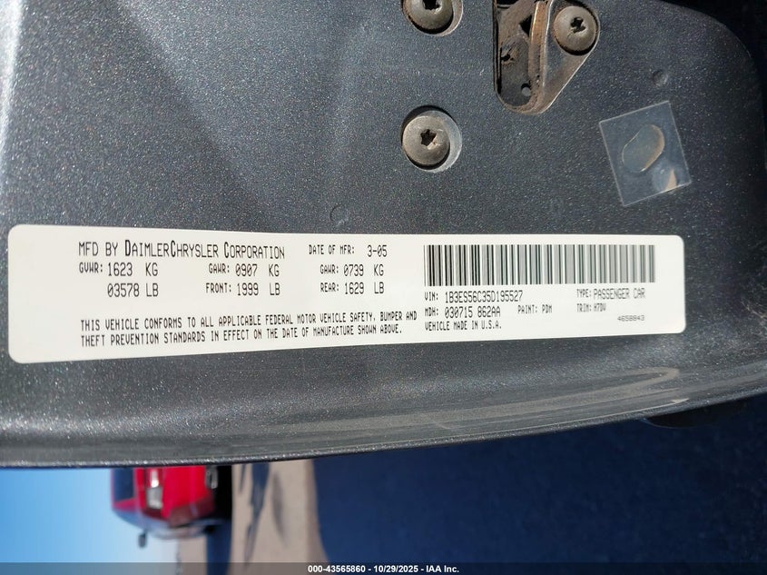 1B3ES56C35D195527 2005 DODGE NEON photo no. 9