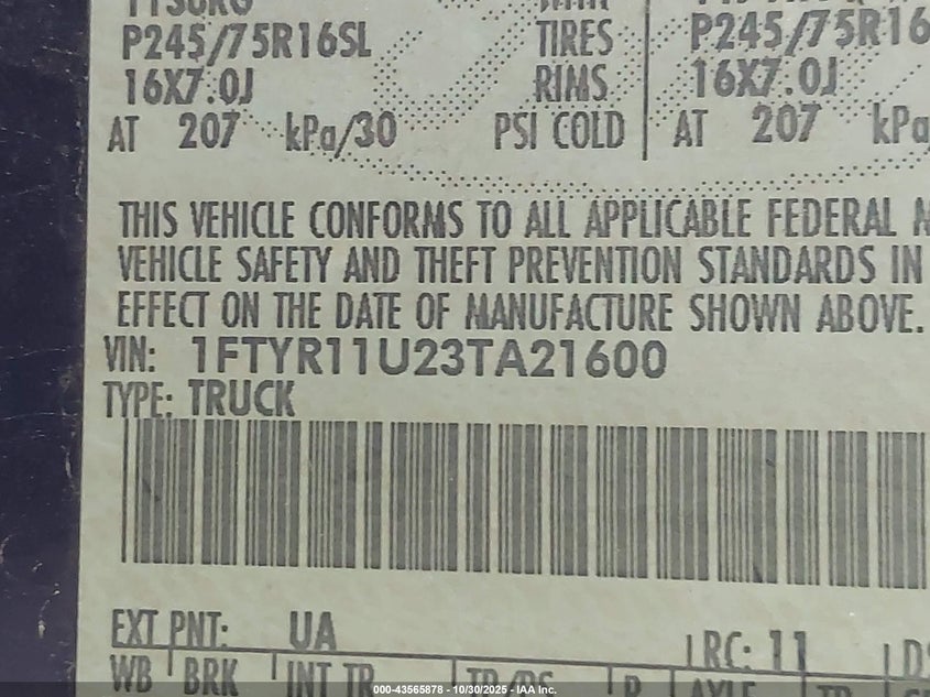 2003 Ford Ranger Edge VIN: 1FTYR11U23TA21600 Lot: 43565878
