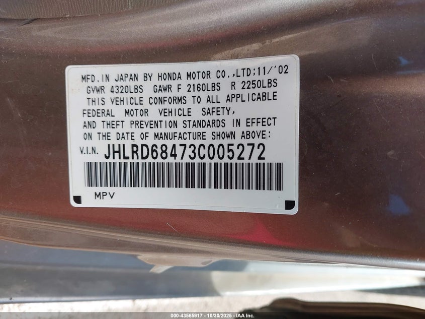 2003 Honda Cr-V Lx VIN: JHLRD68473C005272 Lot: 43565917