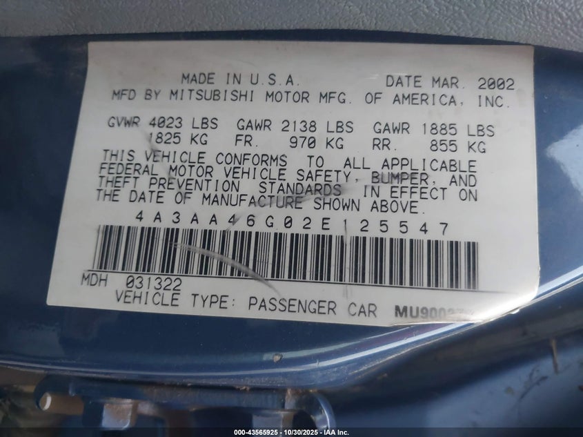 2002 Mitsubishi Galant Es/Ls VIN: 4A3AA46G02E125547 Lot: 43565925
