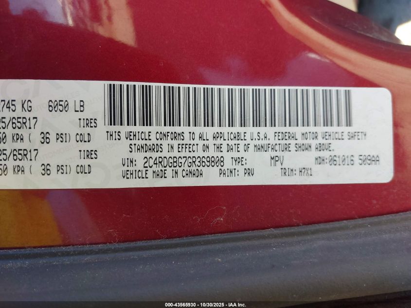 2016 Dodge Grand Caravan Se VIN: 2C4RDGBG7GR369808 Lot: 43565930