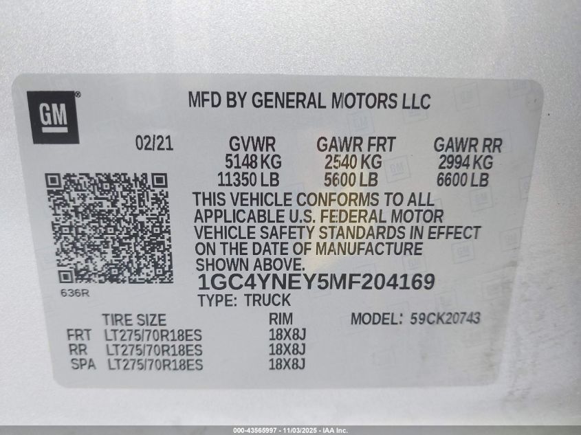 2021 Chevrolet Silverado 2500Hd 4Wd Standard Bed Lt VIN: 1GC4YNEY5MF204169 Lot: 43565997