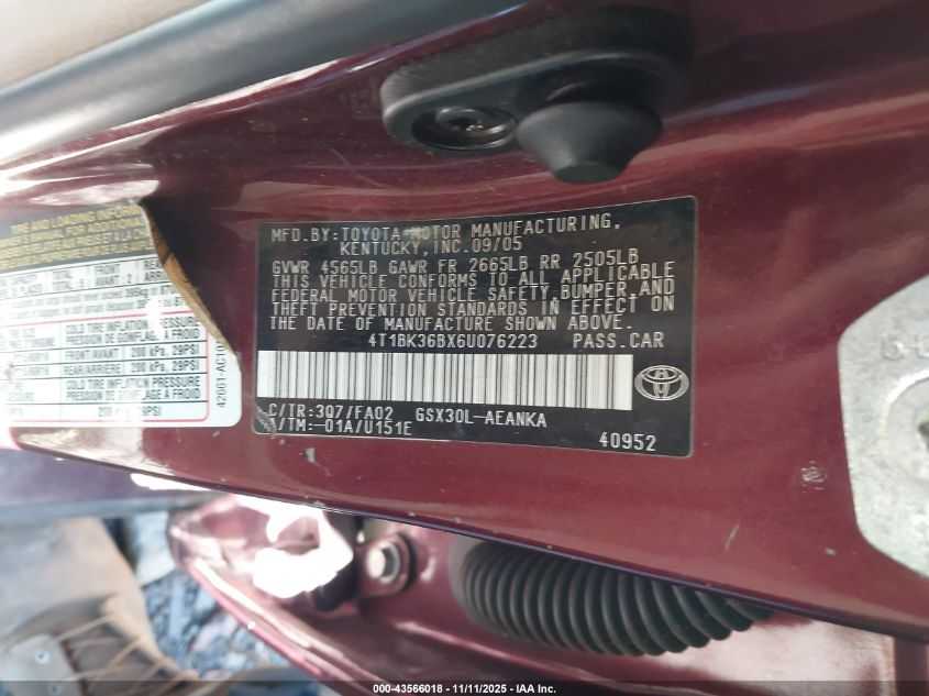 2006 Toyota Avalon Xl VIN: 4T1BK36BX6U076223 Lot: 43566018