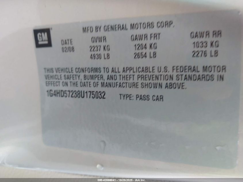 2008 Buick Lucerne Cxl VIN: 1G4HD57238U175032 Lot: 43566041