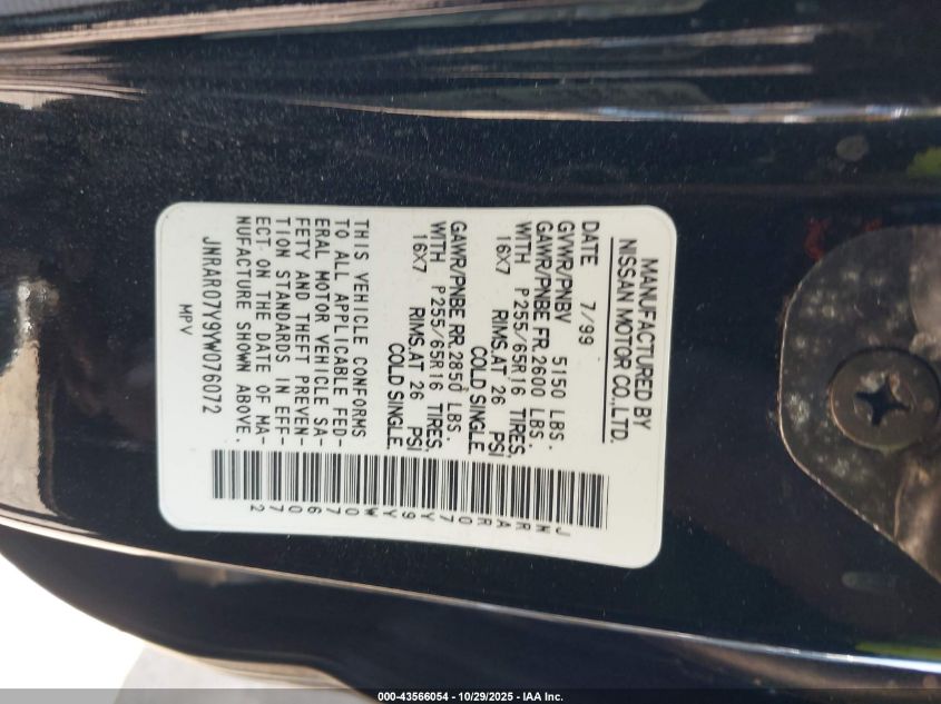 2000 Infiniti Qx4 VIN: JNRAR07Y9YW076072 Lot: 43566054