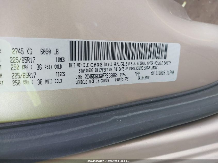 2015 Dodge Grand Caravan Sxt VIN: 2C4RDGCG0FR658865 Lot: 43566107