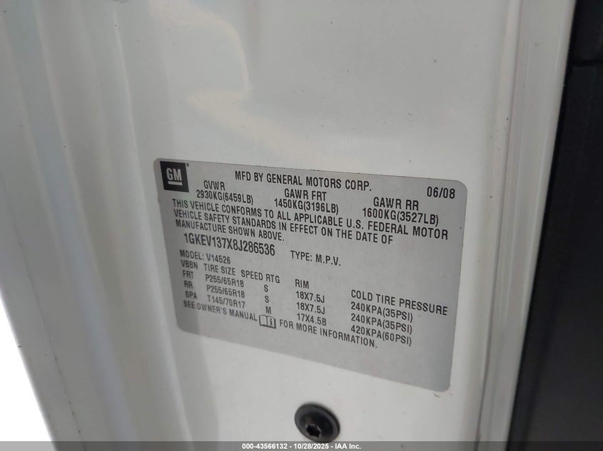 2008 GMC Acadia Sle-1 VIN: 1GKEV137X8J286536 Lot: 43566132