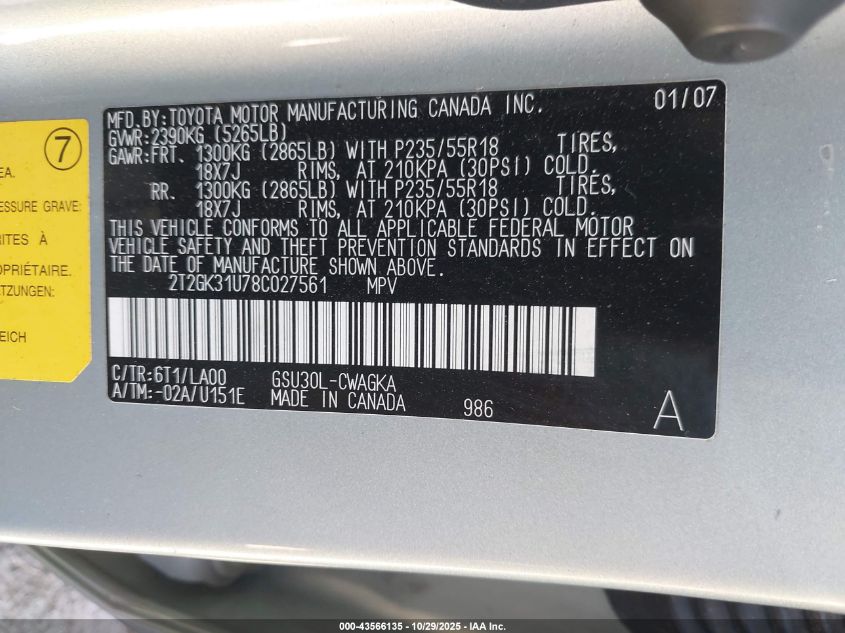 2008 Lexus Rx 350 VIN: 2T2GK31U78C027561 Lot: 43566135