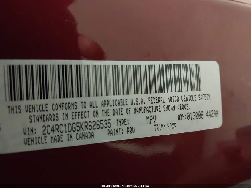 2019 Chrysler Pacifica Touring VIN: 2C4RC1DG5KR626535 Lot: 43566138