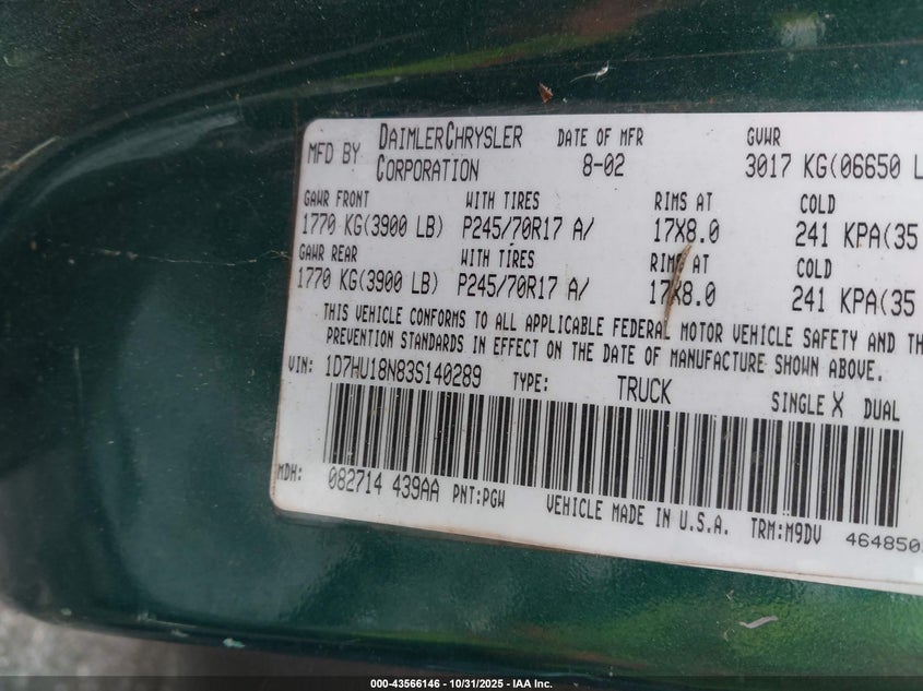2003 Dodge Ram 1500 Slt/Laramie/St VIN: 1D7HU18N83S140289 Lot: 43566146