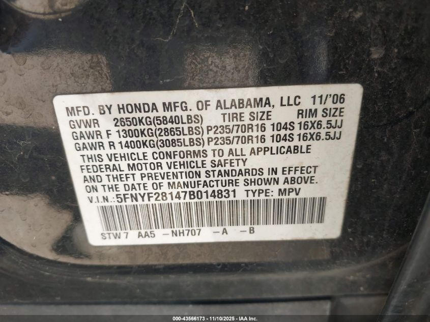 2007 Honda Pilot Lx VIN: 5FNYF28147B014831 Lot: 43566173